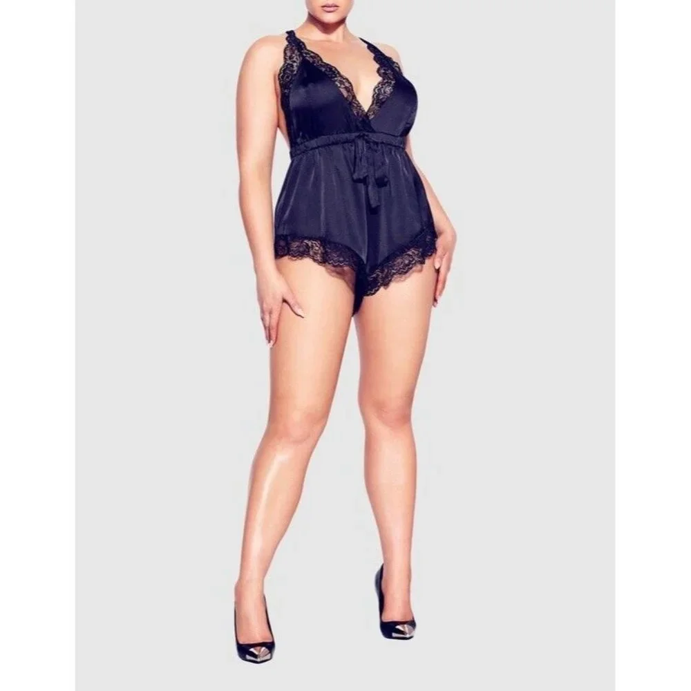 *New Fox Royal Slinky Romper Black Women Size XXS (12) Sexy Lace Strap Sleepwear